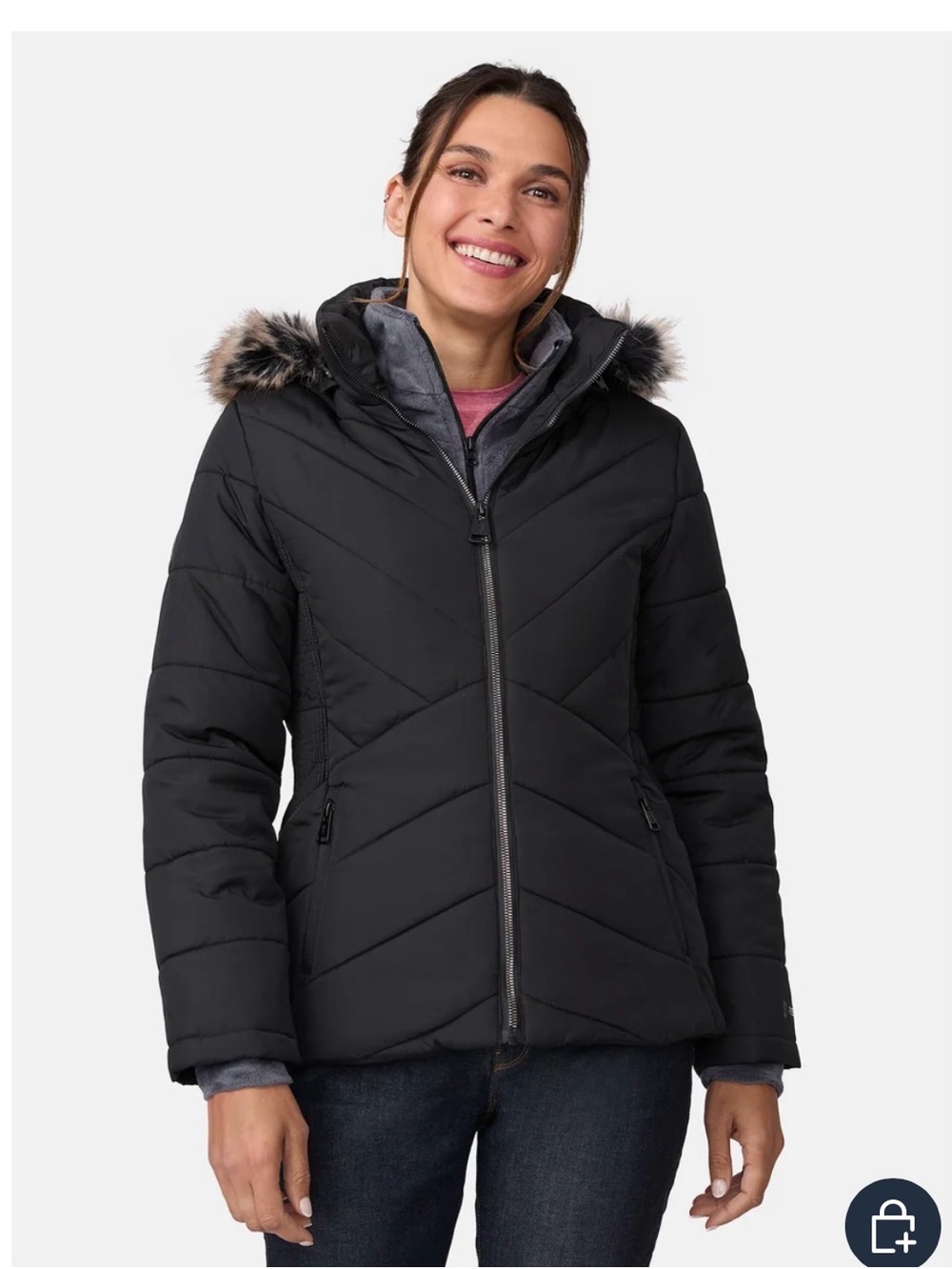 Free Country Black Quilted Puffer Jacket with Faux Fur Hood